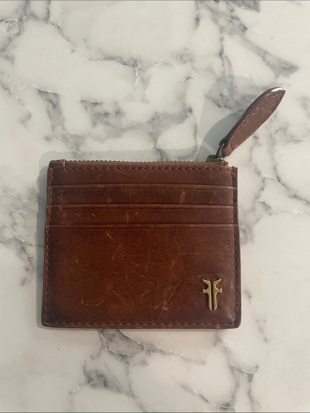 Frye Brown Leather Zip Card Case with Gold Logo